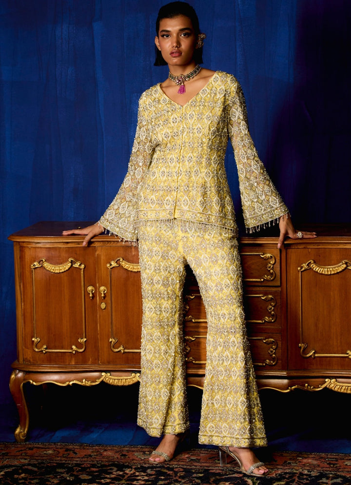 Pastel Yellow Gold And Silver Embroidered Kurta Palazzo Set Mani Bhatia - Fabilicious Fashion