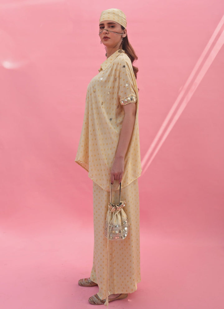 Pastel Yellow Handblocked Anti - Fit Co - Ord Set Prahnaaya - Fabilicious Fashion