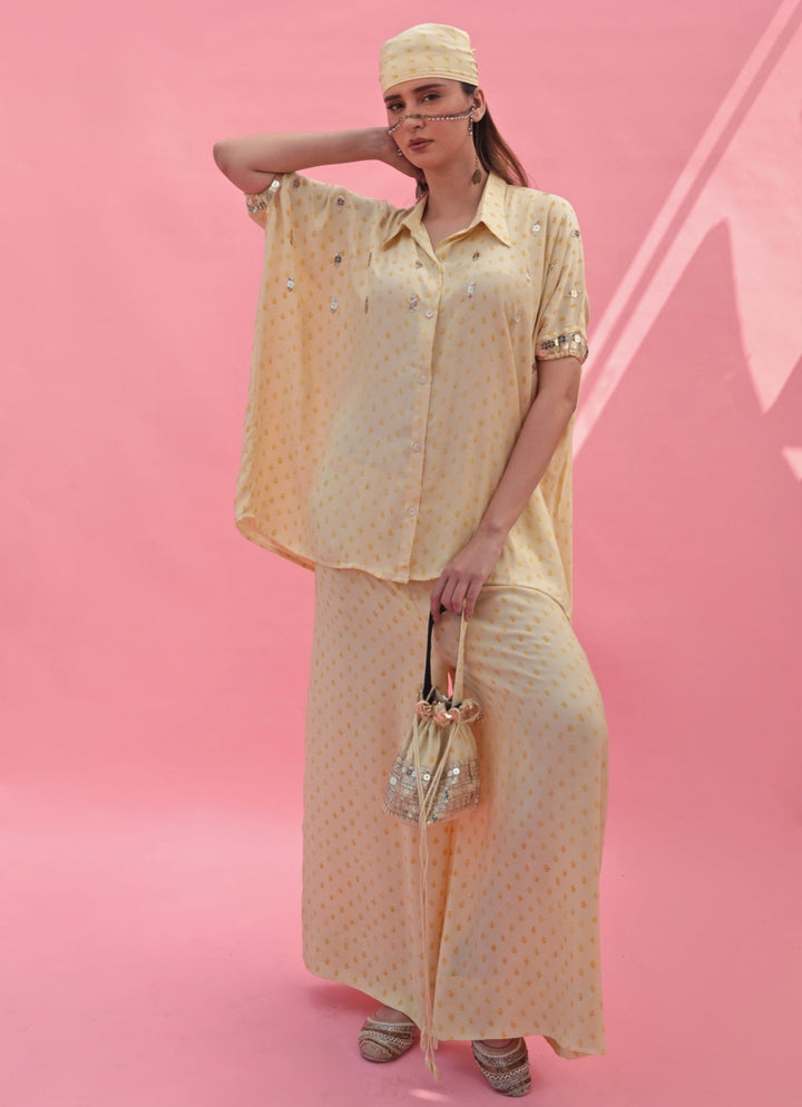 Pastel Yellow Handblocked Anti - Fit Co - Ord Set Prahnaaya - Fabilicious Fashion
