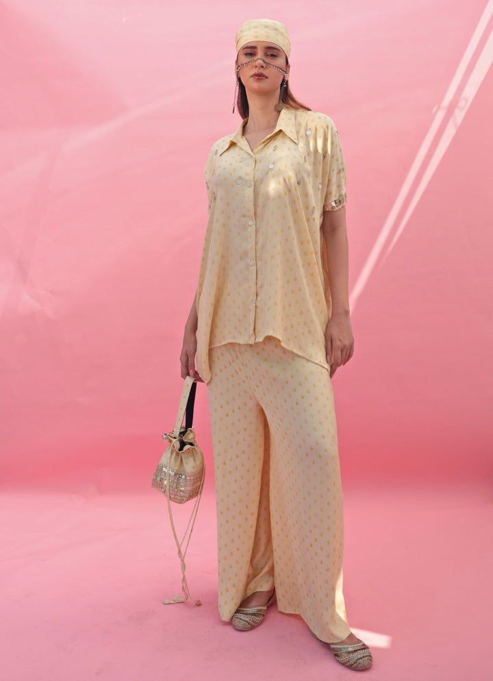 Pastel Yellow Handblocked Anti - Fit Co - Ord Set Prahnaaya - Fabilicious Fashion