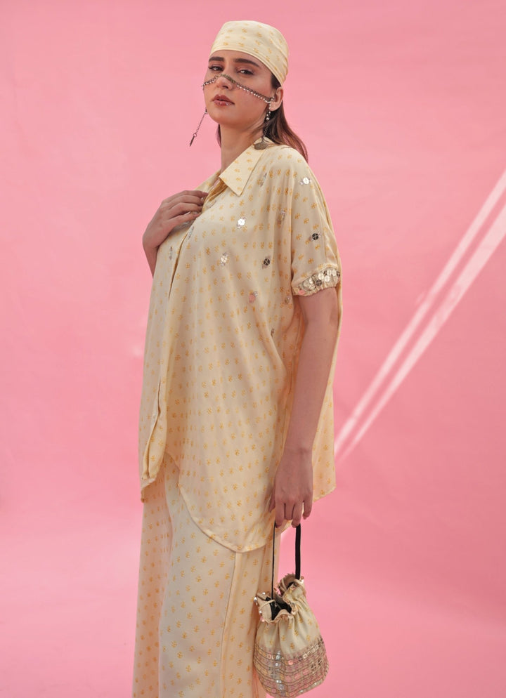 Pastel Yellow Handblocked Anti - Fit Co - Ord Set Prahnaaya - Fabilicious Fashion