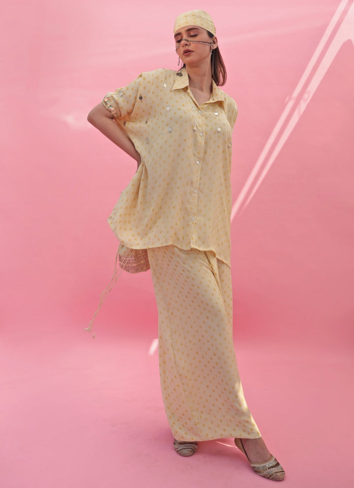 Pastel Yellow Handblocked Anti - Fit Co - Ord Set Prahnaaya - Fabilicious Fashion