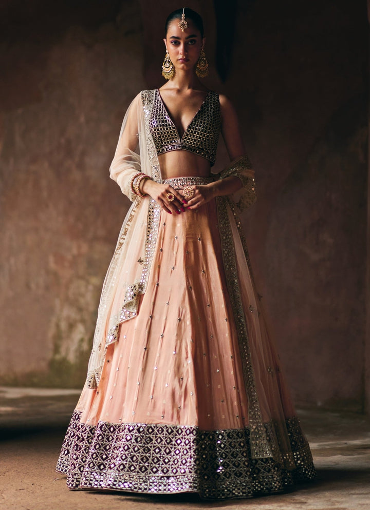 Peach And Maroon Red Tissue Lehenga Set Angad Singh - Fabilicious Fashion