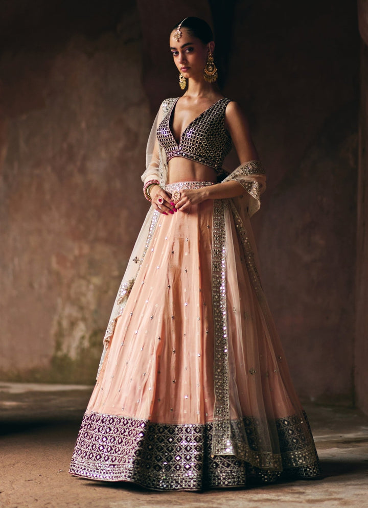 Peach And Maroon Red Tissue Lehenga Set Angad Singh - Fabilicious Fashion