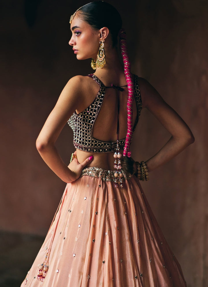 Peach And Maroon Red Tissue Lehenga Set Angad Singh - Fabilicious Fashion