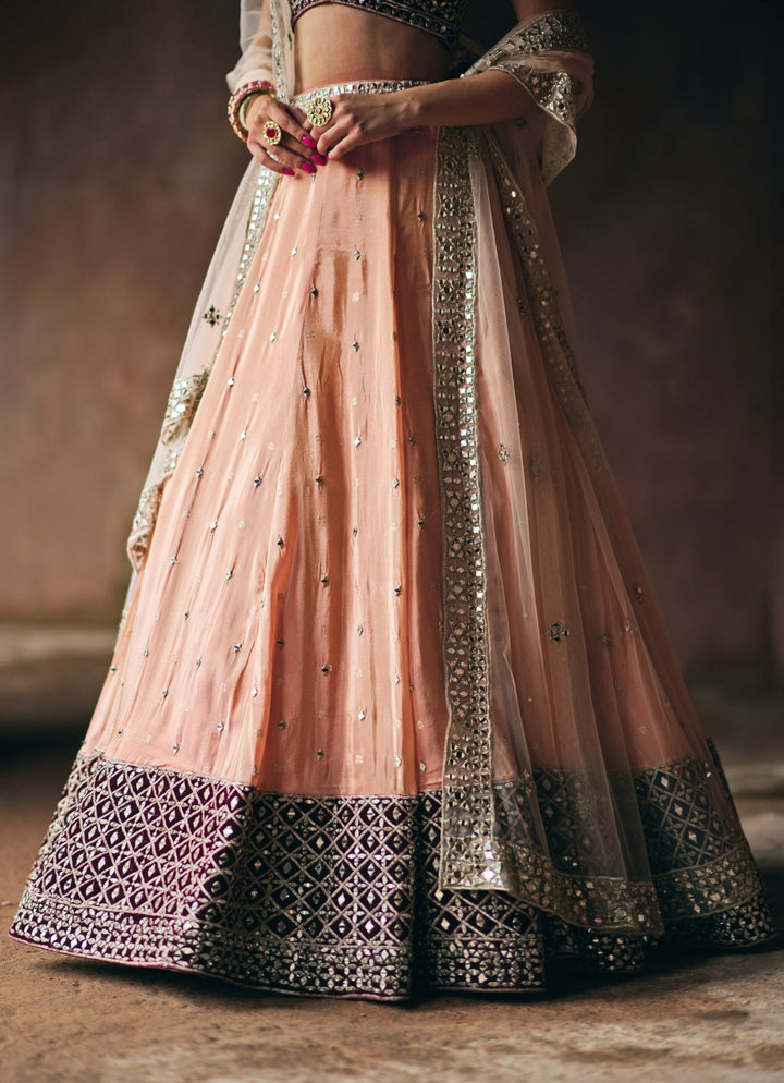 Peach And Maroon Red Tissue Lehenga Set Angad Singh - Fabilicious Fashion