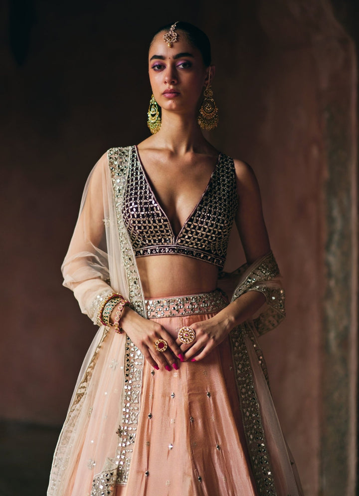Peach And Maroon Red Tissue Lehenga Set Angad Singh - Fabilicious Fashion