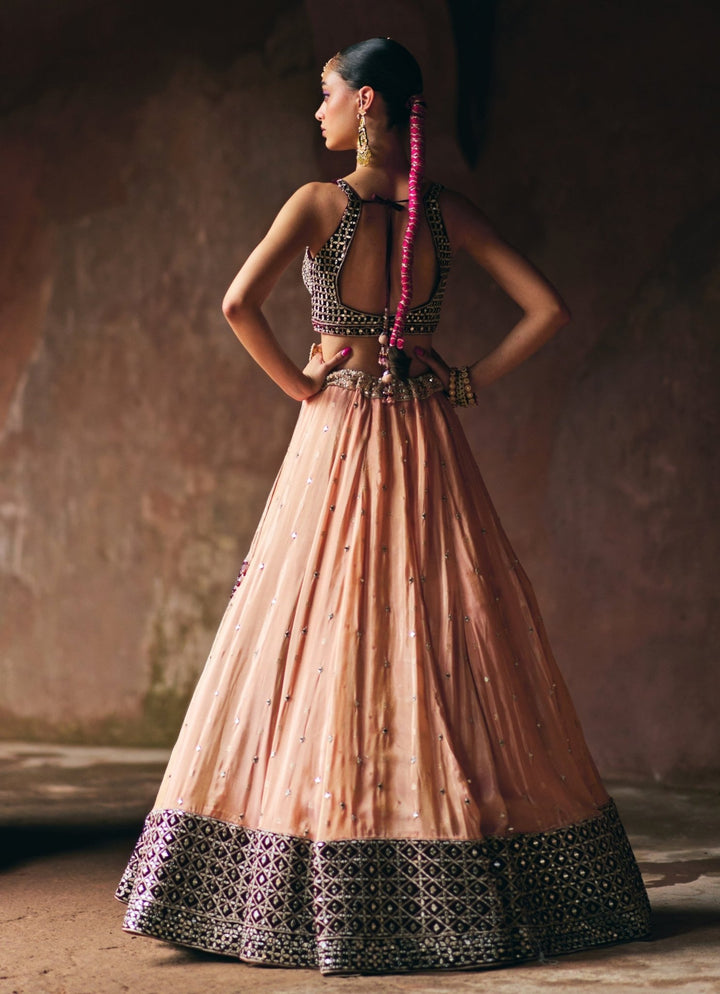 Peach And Maroon Red Tissue Lehenga Set Angad Singh - Fabilicious Fashion
