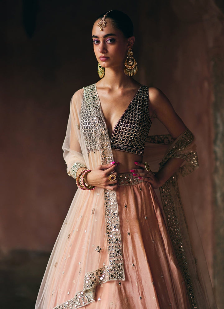 Peach And Maroon Red Tissue Lehenga Set Angad Singh - Fabilicious Fashion