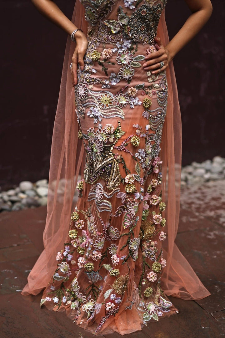 Peach And Muted Gold Floral Applique Soft Net Draped Dress Moledro - Fabilicious Fashion