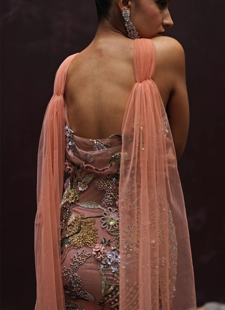 Peach And Muted Gold Floral Applique Soft Net Draped Dress Moledro - Fabilicious Fashion