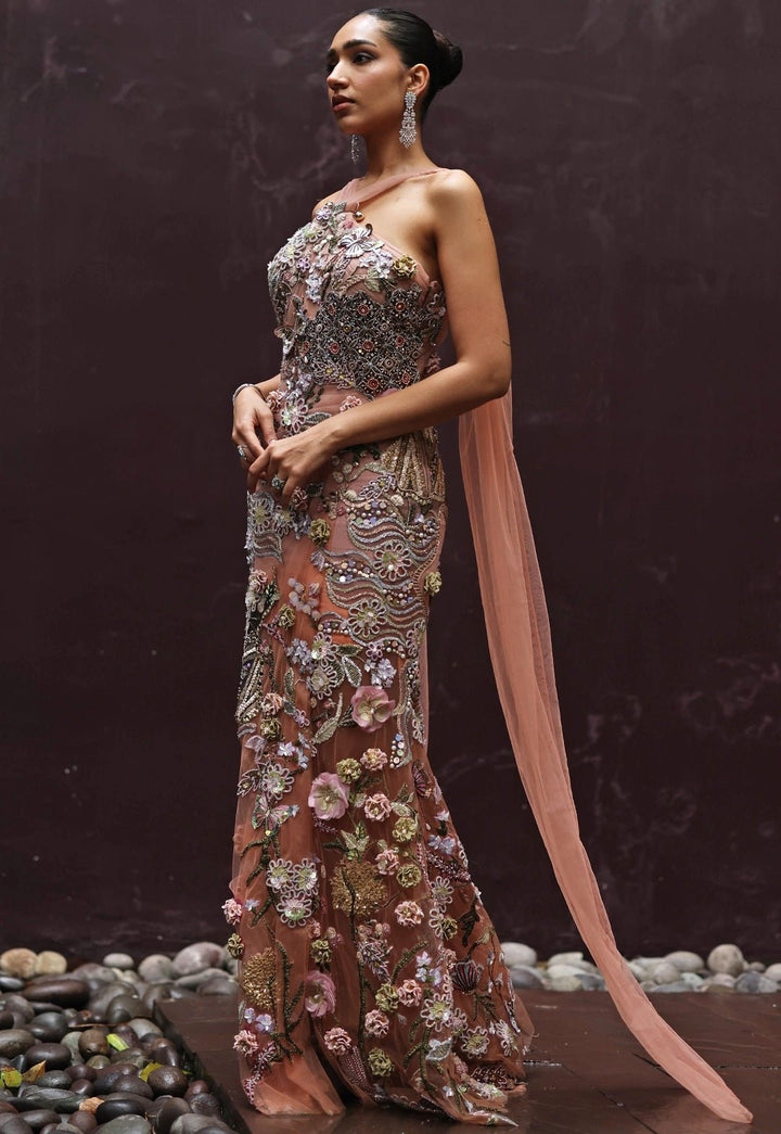 Peach And Muted Gold Floral Applique Soft Net Draped Dress Moledro - Fabilicious Fashion