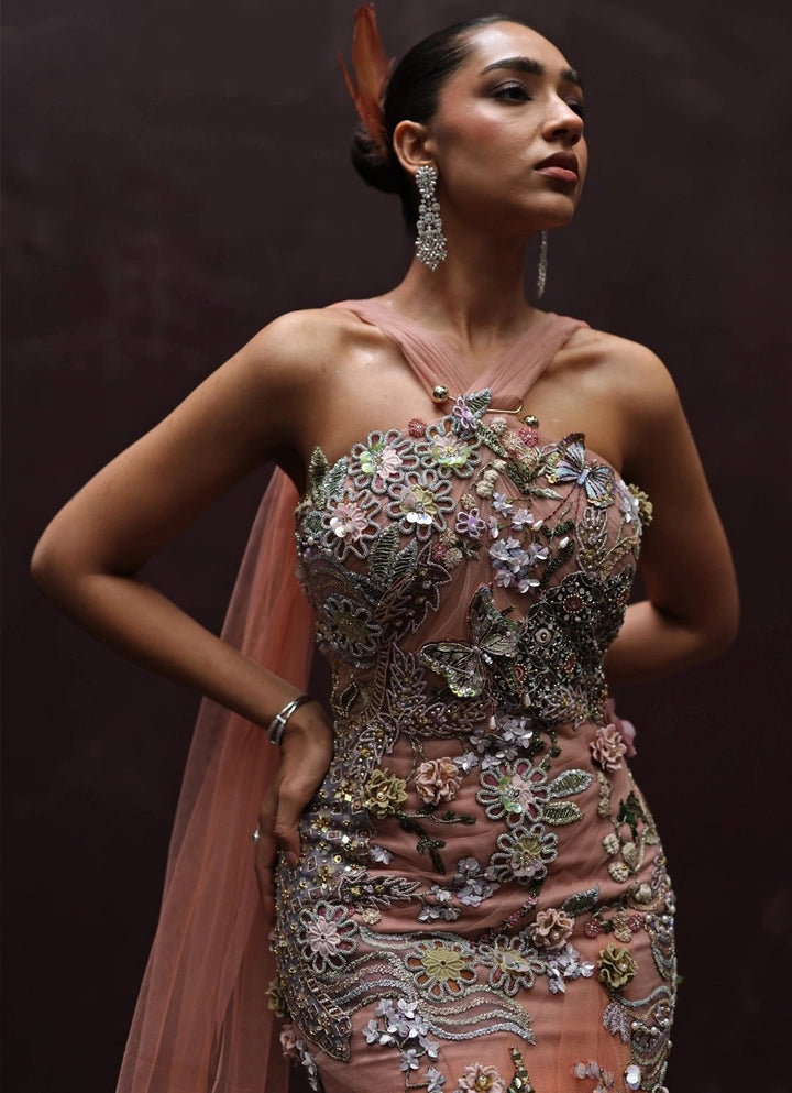 Peach And Muted Gold Floral Applique Soft Net Draped Dress Moledro - Fabilicious Fashion