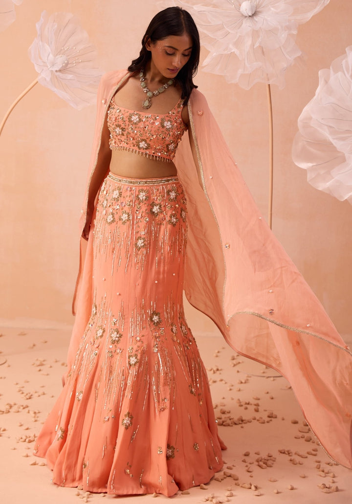 Peach Embellished Lehenga Set Parul Gandhi - Fabilicious Fashion