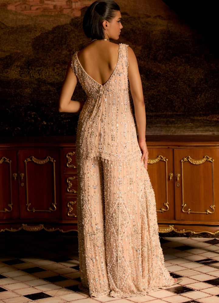Peach Embroidered Peplum Kurta Sharara Set Mani Bhatia - Fabilicious Fashion