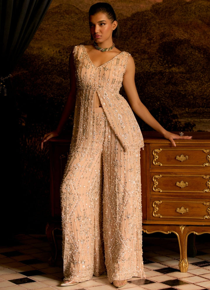 Peach Embroidered Peplum Kurta Sharara Set Mani Bhatia - Fabilicious Fashion