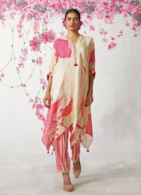 Peach High - Low Printed Kurta Pant Set Basil Leaf - Fabilicious Fashion