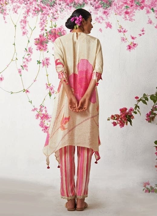 Peach High - Low Printed Kurta Pant Set Basil Leaf - Fabilicious Fashion
