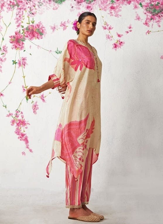 Peach High - Low Printed Kurta Pant Set Basil Leaf - Fabilicious Fashion
