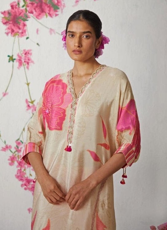 Peach High - Low Printed Kurta Pant Set Basil Leaf - Fabilicious Fashion