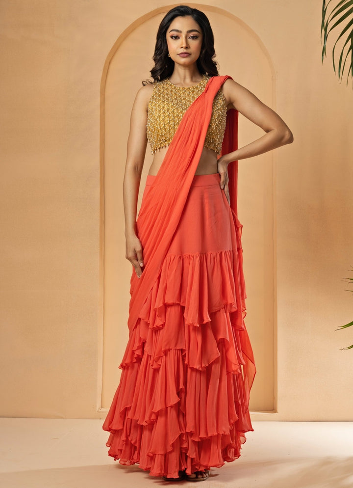 Peach Pre - Stitched and Draped Georgette Ruffle Saree Quench A Thirst - Fabilicious Fashion