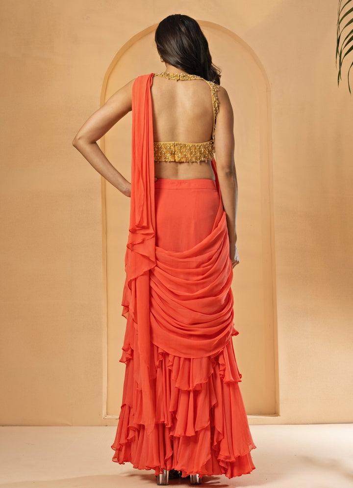 Peach Pre - Stitched and Draped Georgette Ruffle Saree Quench A Thirst - Fabilicious Fashion