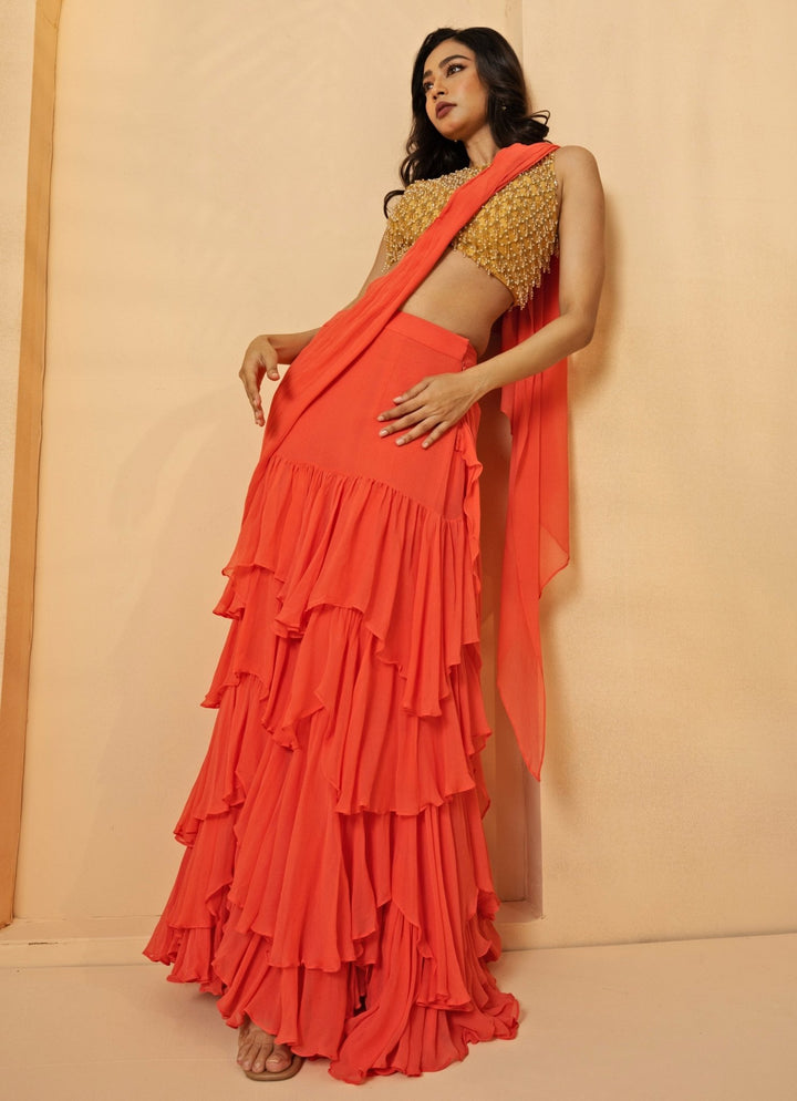 Peach Pre - Stitched and Draped Georgette Ruffle Saree Quench A Thirst - Fabilicious Fashion
