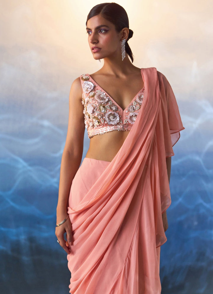 Peach Sequined Georgette Pre Draped Saree Angad Singh - Fabilicious Fashion