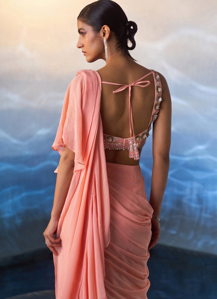 Peach Sequined Georgette Pre Draped Saree Angad Singh - Fabilicious Fashion