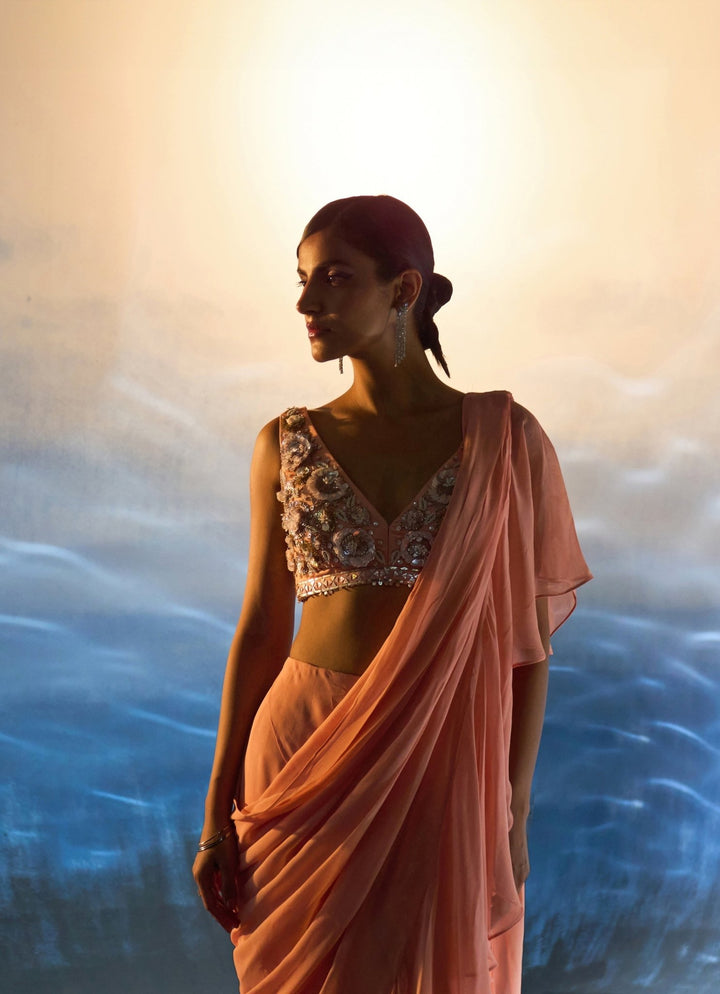 Peach Sequined Georgette Pre Draped Saree Angad Singh - Fabilicious Fashion