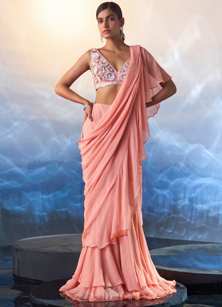 Peach Sequined Georgette Pre Draped Saree Angad Singh - Fabilicious Fashion