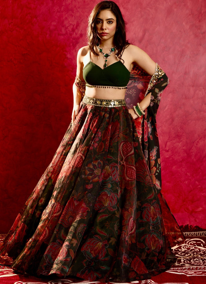 Pine Green Printed Embroidered Lehenga Cape Set Rashika Sharma - Fabilicious Fashion