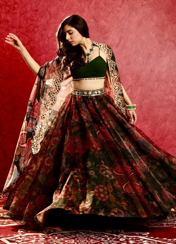 Pine Green Printed Embroidered Lehenga Cape Set Rashika Sharma - Fabilicious Fashion