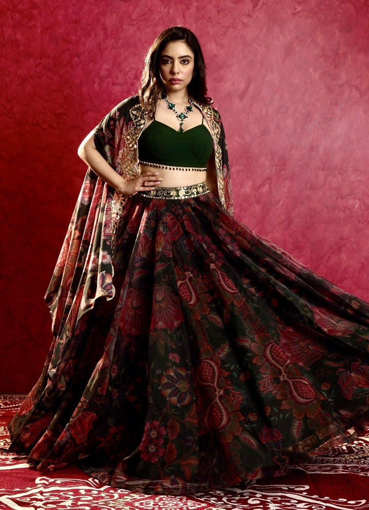 Pine Green Printed Embroidered Lehenga Cape Set Rashika Sharma - Fabilicious Fashion