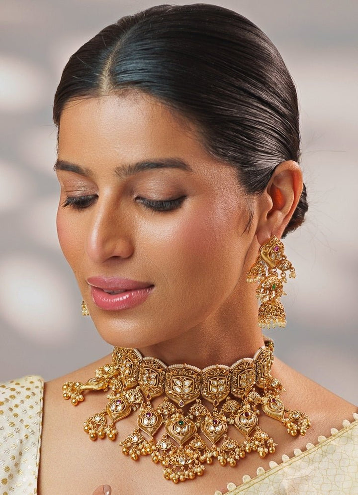 Pink And Green Temple Motifs Gold Necklace Set Zevar by Geeta - Fabilicious Fashion