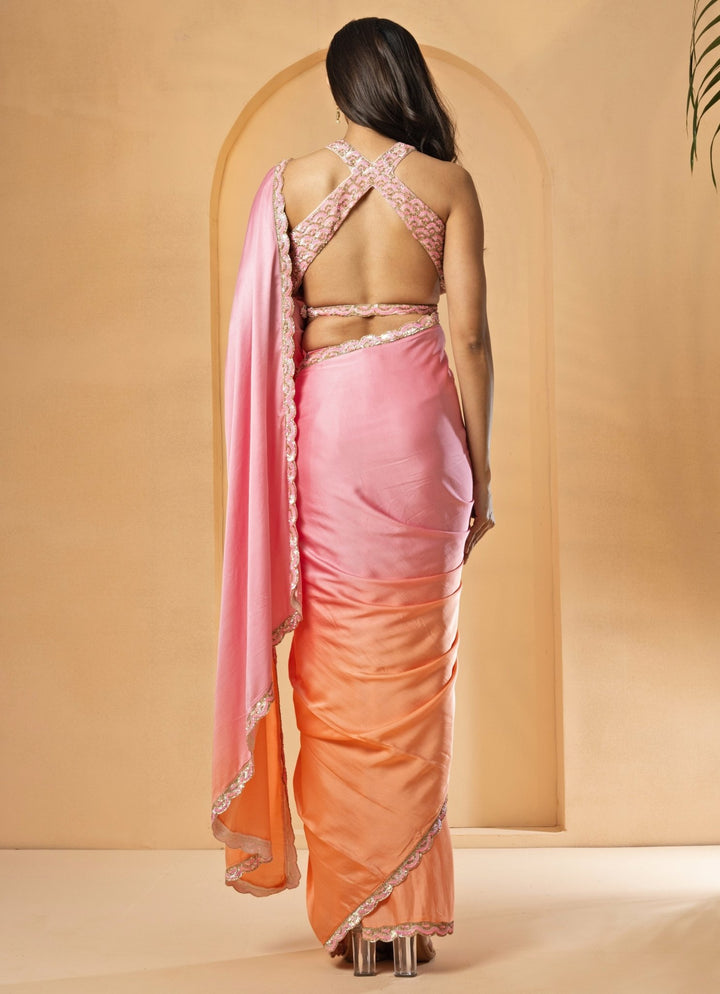 Pink and Peach Ombre Pre - Stitched Satin Saree Quench A Thirst - Fabilicious Fashion