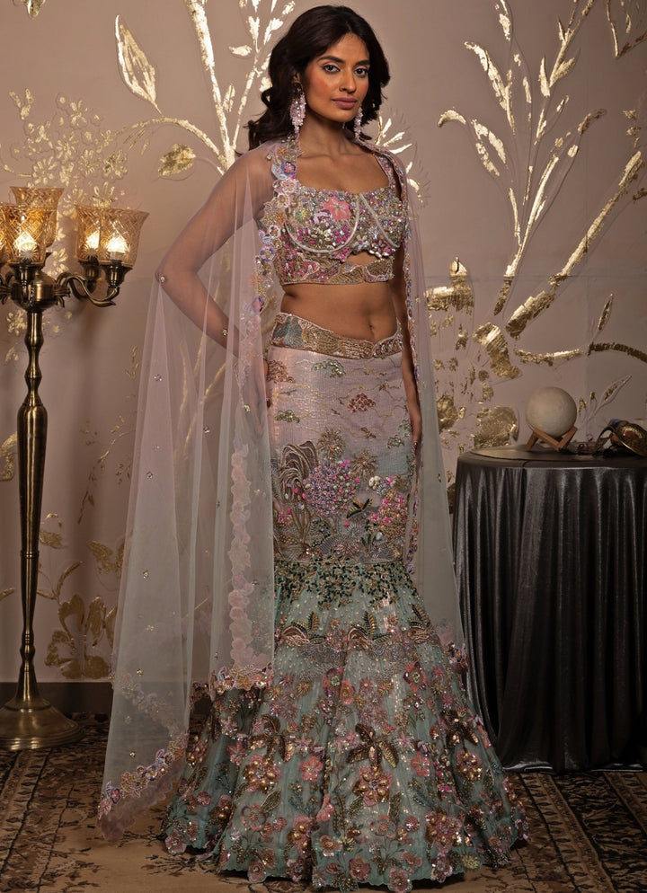 Pink & Blue Ombre Embroidered Fish Cut Mermaid Lehenga Set Moledro - Fabilicious Fashion