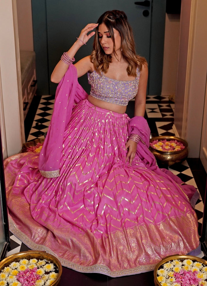Pink Chevron Ruched Embellished Lehenga Set Chamee and Palak - Fabilicious Fashion