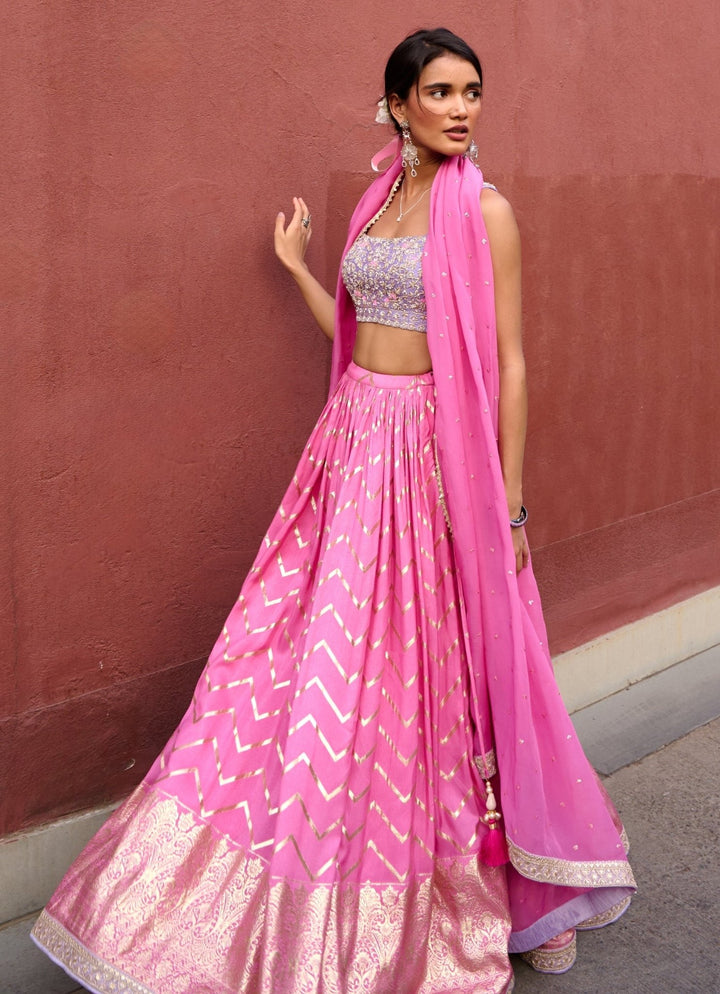 Pink Chevron Ruched Embellished Lehenga Set Chamee and Palak - Fabilicious Fashion