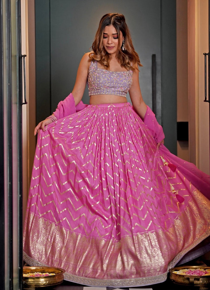 Pink Chevron Ruched Embellished Lehenga Set Chamee and Palak - Fabilicious Fashion