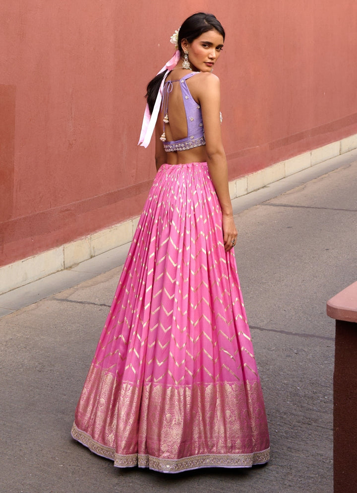 Pink Chevron Ruched Embellished Lehenga Set Chamee and Palak - Fabilicious Fashion