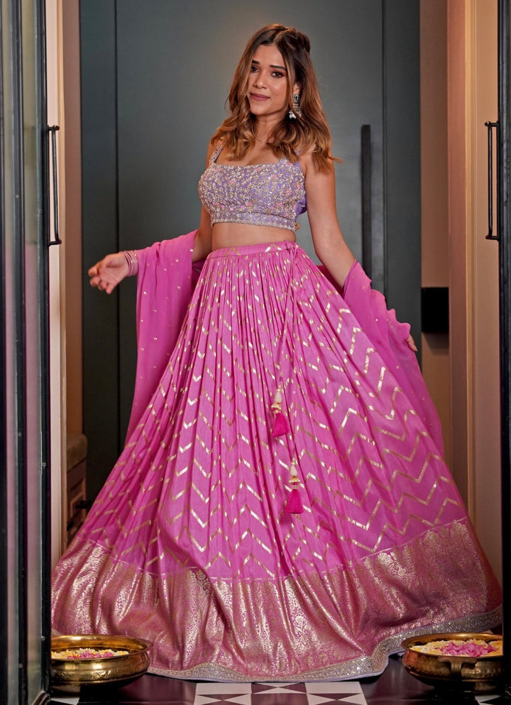 Pink Chevron Ruched Embellished Lehenga Set Chamee and Palak - Fabilicious Fashion