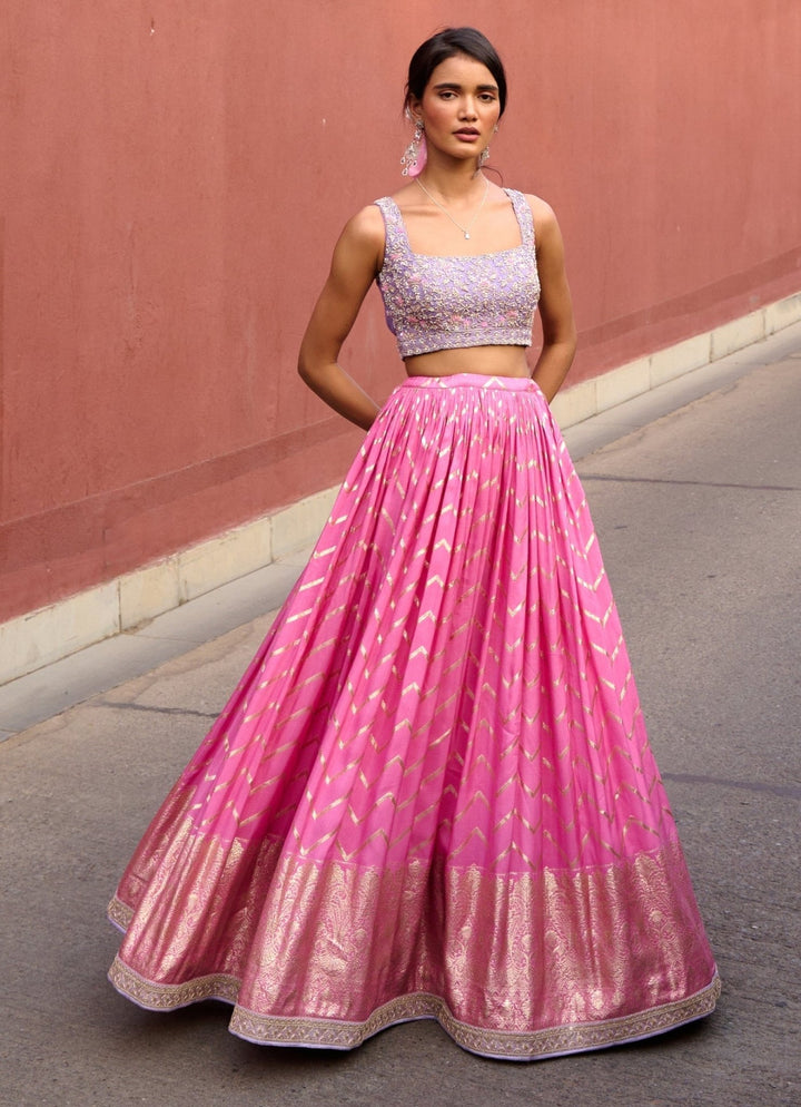 Pink Chevron Ruched Embellished Lehenga Set Chamee and Palak - Fabilicious Fashion