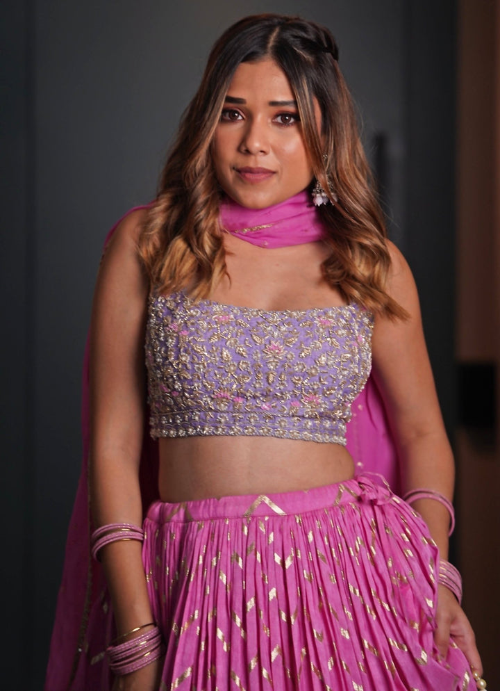 Pink Chevron Ruched Embellished Lehenga Set Chamee and Palak - Fabilicious Fashion