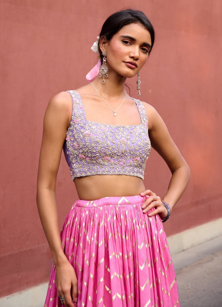Pink Chevron Ruched Embellished Lehenga Set Chamee and Palak - Fabilicious Fashion