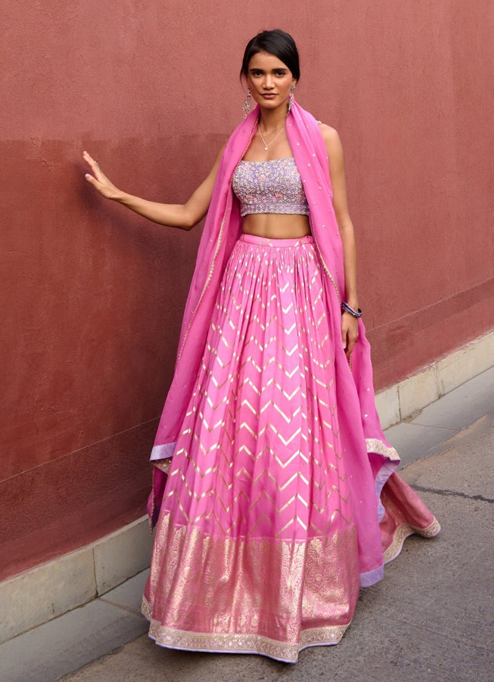 Pink Chevron Ruched Embellished Lehenga Set Chamee and Palak - Fabilicious Fashion