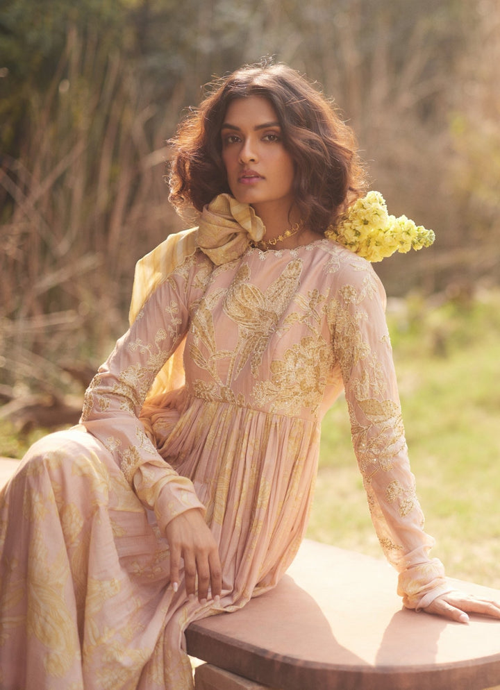 Pink Embroidered Chanderi Anarkali Set Paulmi and Harsh - Fabilicious Fashion