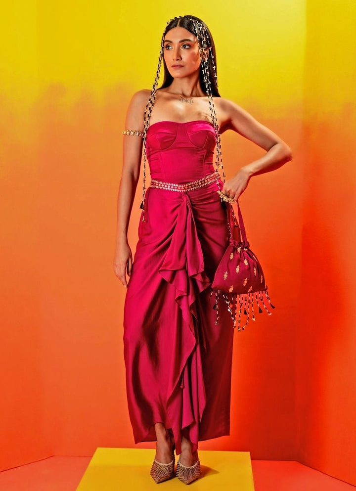 Pink Embroidered Ruffled Skirt With Corset Blouse Prahnaaya - Fabilicious Fashion