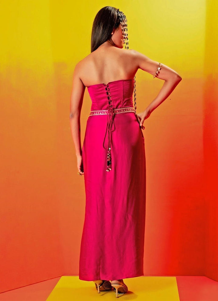 Pink Embroidered Ruffled Skirt With Corset Blouse Prahnaaya - Fabilicious Fashion