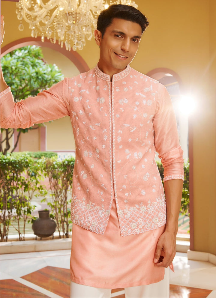 Pink Embroidered Silk Kurta Jacket Set Contrast By Parth - Fabilicious Fashion